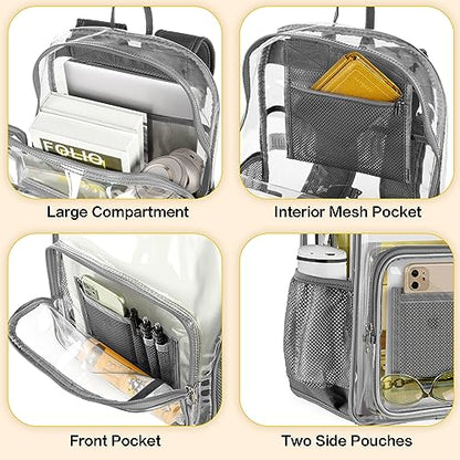 Clear Backpack Heavy Duty Large Transparent Backpack with Reinforced Bottom Multi-pockets for College, Travel, Workplace Security - Gray - color: Grey