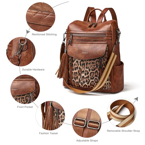 Shrrie Backpack Purse for Women Fashion Leather Backpack Purse Designer Travel Backpack Convertible Shoulder Bag with Wristlet - color: 1-9 Brown With Leopard