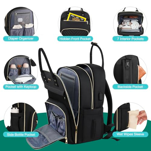 MOMUVO Diaper Bag Backpack, Quilted Baby Bag with Changing Pad and Stroller Straps, Dark Black - color: Dark Black