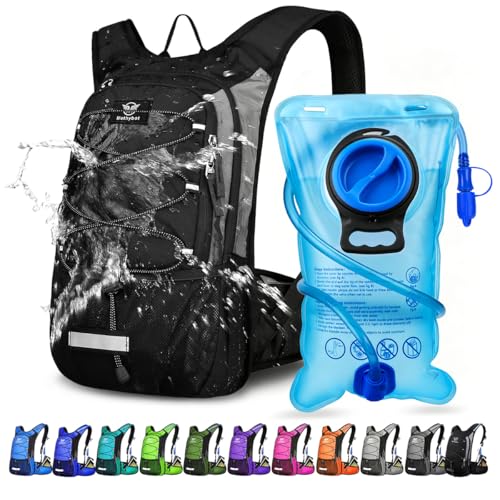 Mothybot Insulated Hydration Backpack Pack with 3L BPA Free Leak Proof Water Bladder, Large Storage Lightweight Hiking Daypack with Waist Pouches & Cooler Layer, for Running, Biking, Camping, Festival - color: Black
