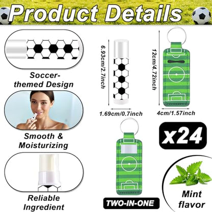 24 Sets Soccer Party Favors Lip Balm and Lipstick Holder Keychain Bulk Sport Ball Team Gifts Natural Moisturizing Lip Balm Keychains Portable Pouch for Team Soccer Sports Party Supplies - style: Soccer