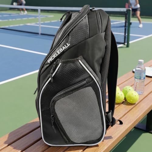 Personalized Pickleball Backpack - Large Pickle Ball Bag with Shoe Compartment, Fence Hook, Paddle Holder - Gifts for Men & Women - color: Black and White