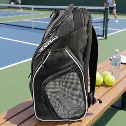 Personalized Pickleball Backpack - Large Pickle Ball Bag with Shoe Compartment, Fence Hook, Paddle Holder - Gifts for Men & Women - color: Black and White