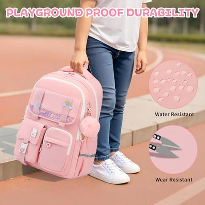 MUSEVOS Girls Backpack, Kids Backpack for Girls, School Bookbag for Teens Age 6-15, Large Capacity Water Resistant Backpack for Elementary to High School, Cute Travel Daypack, Pink - color: Pink