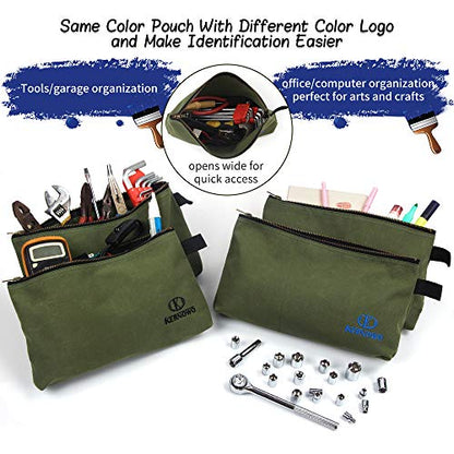 Premium Canvas Tool Pouch Zipper Bag,Small Tool Bag,Multipurpose Storage Pouch(4Pack 12.75x8x2.25 inch 20oz Water Resistant Heavy Duty Army Green Flat Bottom Tool Bag with Brass Zipper) - size: 12.75 inch