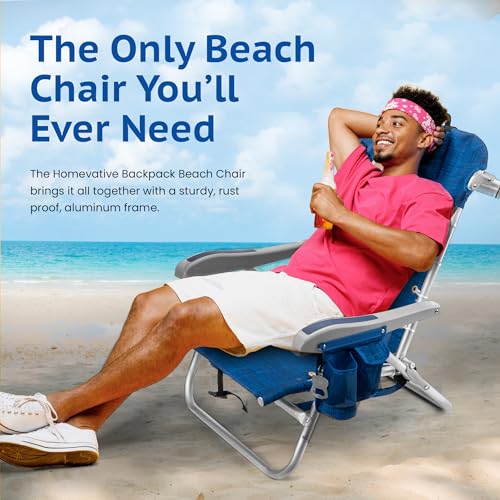 Homevative Cooler+ Folding Backpack Beach Chair with 5 Positions, Towel bar, XL Cooler Pouch, Storage Net, Cup and Phone Holder, Breeze, 2 Pack - color: Breeze
