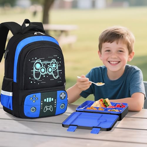 Bevalsa Backpack for Boys with 43OZ Bento Lunch Box,Insulated Lunch Bag & Pencial Case,Cool Luminous Gamer Schoolbag for Kids Teens Elementary Middle School,Bookbag Glow In The Dark - color: Blue Game, style: Modern