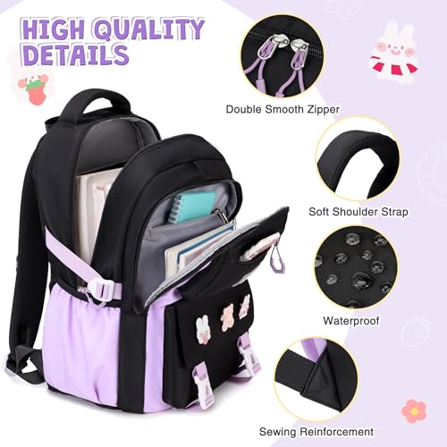 DIGOBAY 3PCS Girls Backpack for School, Kids Backpack for Girls with Lunch Box Pencil Case Set for Teen Girl Elementary Primary Middle High College School Bookbag with Cute Pins (Black-Purple) - color: Black-purple