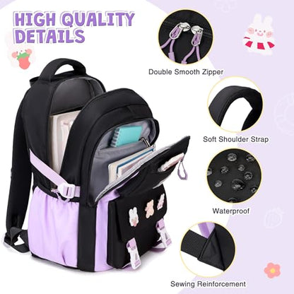 DIGOBAY 3PCS Girls Backpack for School, Kids Backpack for Girls with Lunch Box Pencil Case Set for Teen Girl Elementary Primary Middle High College School Bookbag with Cute Pins (Black-Purple) - color: Black-purple