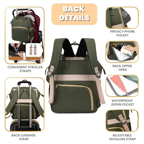 ROSEGIN Diaper Bag Backpack with Changing Pad, Pacifier Case, Baby Bag for Boy Girl Toddler - Large, Stylish, Waterproof Travel Quilted Diaper Bag for Mom - Baby Shower - Army Green - color: Army Green