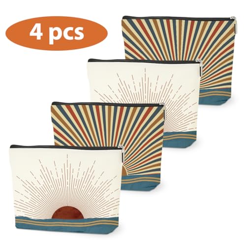 4PCS Sunshine Makeup Bag, Boho Gifts for Women, Natural Linen Zipper Pouch, Sunlight Rays Nature Best Sunshine Gifts for Girls Sister Travel Boho Cosmetic Bag - color: Multicolor 0096