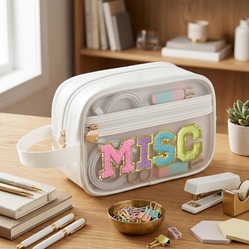 COSHAYSOO Clear MISC Makeup Bag Miscellaneous Stuff Organizer, Small Preppy Chenille Letter Patch Cosmetic Zipper Pouch, Toiletry Make Up Travel Purse Gifts for Teen Girls Women Daughter Sister - color: White-MISC