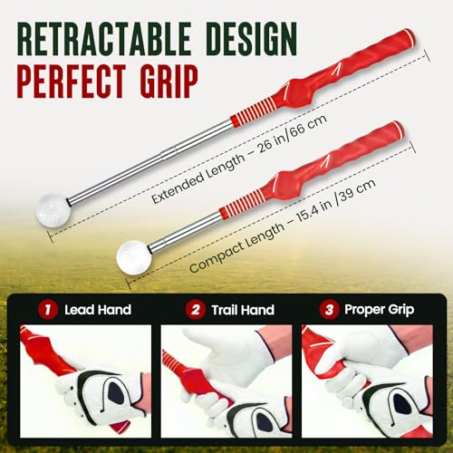 5-in-1 Golf Swing Trainer for Right-Handed Golfers with Click Feedback, Retractable Training Aid, Grip Trainer & Arm Band, Improve Tempo & Swing Path, Indoor Outdoor Practice - color: Red