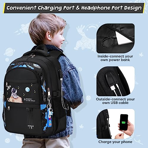 ACESAK Backpack for Boys - Boy Backpack Schoolbag for Boys Kids Children Teens Girls Elementary Middle School Bags, Waterproof Lightweight Kids Bookbag Backpacks Casual Daypack with Lunch Bag Set - color: Black