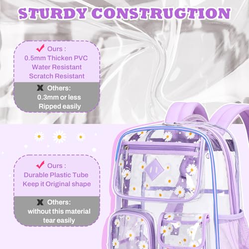 PIG PIG GIRL Clear Backpack for School,Heavy Duty PVC Transparent Bookbag for Girls Stadium Approved See Through Backpack - color: Purple Daisy