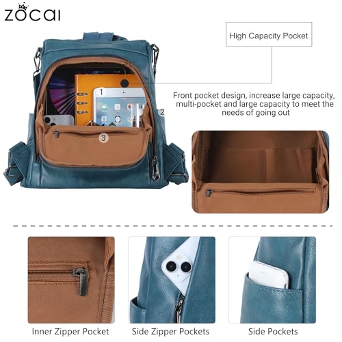 ZOCAI Backpack Purse for Women Medium Anti-Theft Backpacks Purses Design Leather Shoulder Bags with Removable Strap - color: Lake Blue