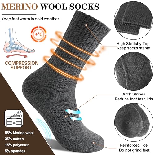 MOGGEI 5 Pairs Womens Merino Wool Socks Hiking Warm Winter Thick Thermal Crew Cozy Cabin Ladies Gift Comfy Boot Work Socks - color: Grey