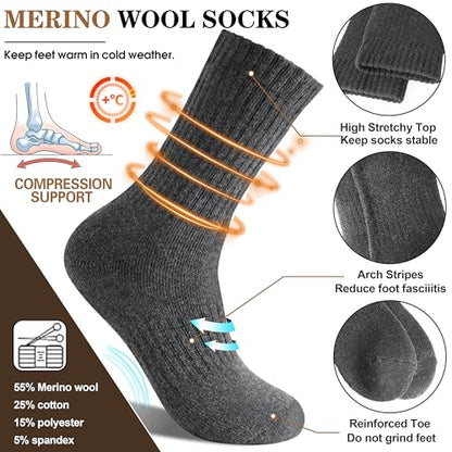 MOGGEI 5 Pairs Womens Merino Wool Socks Hiking Warm Winter Thick Thermal Crew Cozy Cabin Ladies Gift Comfy Boot Work Socks - color: Grey