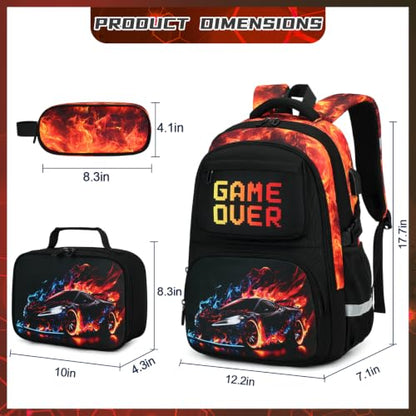 Scothen 3PCS Boys Backpack Set, Cool Backpack for Boys with Lunch Bag & Pencil Case, Kids School Bag Teen Boy Bookbag for Kindergarten Elementary Middle School with USB Charging Port - color: Red Flame Race Car