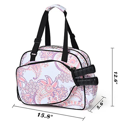 Boulder Bee Pickleball Bags, Premium Pickleball Tote Bag for Girls, Women’s Hand/Shoulder Gym Bag w Water Bottle Holder, with Pickleball Racquet/Paddle Holder - color: Pink cashew flower