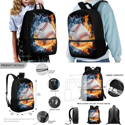 Baseball Water Flame Backpack 4 Pieces Backpack for Children Casual Reusable Casual Preschool School Bag Set with Lunch Bag Pencil Case Water Bottle Sleeve - color: Baseball Water Flame
