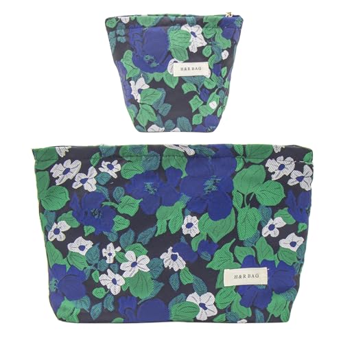 getgto 2 Pcs Makeup Bags, Large Cosmetic Bag Travel Toiletry Bag Organizer for Women, Embroidery Craft, Floral Makeup Bag Small Cosmetic Pouch Purse with Zipper Gifts for Girls Teen - color: Dark Blue