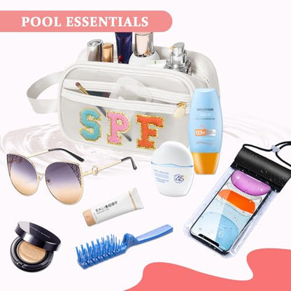 COSHAYSOO Clear Sunscreen Bag SPF Beach Vacation Essentials Waterproof Summer Pool Must Have Accessories for Women Teen Girls, Family Beach Day Organizer Toiletry Pouch Travel Gifts Preppy Letter - color: White-SPF
