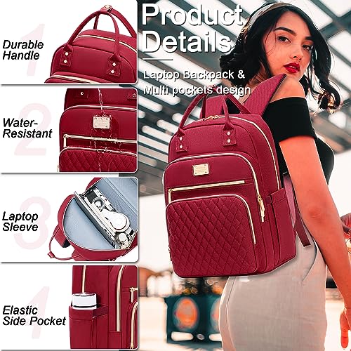Weitars Lunch Backpack for Women,15.6 Inch Laptop Backpacks Travel Backpack for Women,Work Back pack,Teacher Nurse Back pack Insulated Lunchbox Backpacks - color: Wine Red