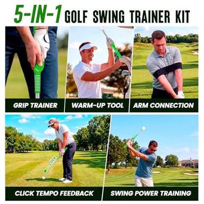 5-in-1 Golf Swing Trainer for Right-Handed Golfers with Click Feedback, Retractable Training Aid, Grip Trainer & Arm Band, Improve Tempo & Swing Path, Indoor Outdoor Practice - color: Green