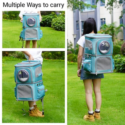 2-in-1 Pet Carrier Backpack for Two Cats or One Dog, Green Double-Layer 2 Compartment Carry Bag to Transport Small Animals Traveling and Hiking, Space Capsule Clear Bubble Dome - color: Green