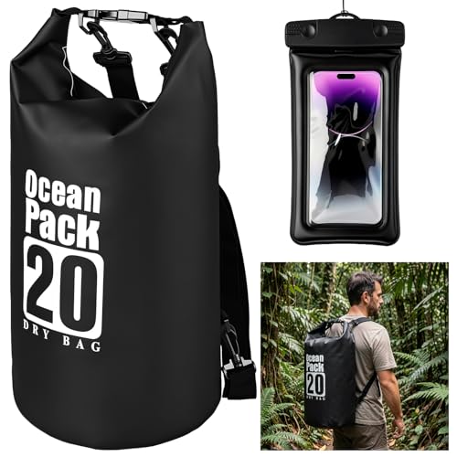 Waterproof Backpack 20L, Roll Top Closure Dry Bag Water Proof Black, Lightweight Floating Dry Bag for Kayaking Boating Hunting, Durable Hiking Backpack with IPX8 Waterproof Phone Pouch-Black, 7" - color: Black dry bag 20L + Phone pouch 7"