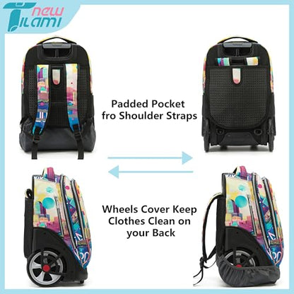 NEW TILAMI 19 inch Rolling Backpack Teens Rolling Backpack Cute Wheeled Laptop Backpack Bookbag Roller Travel Bag College, City (No USB interface) - color: Yellow City
