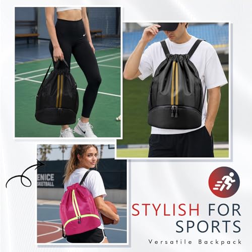 PinCute Drawstring Backpack for Women Men, Gym Bag for Soccer, Basketball, Swim, Beach, Water-Resistant Sports Backpack with Wet Pocket and Shoe Compartment, Black Gold - color: Black Gold