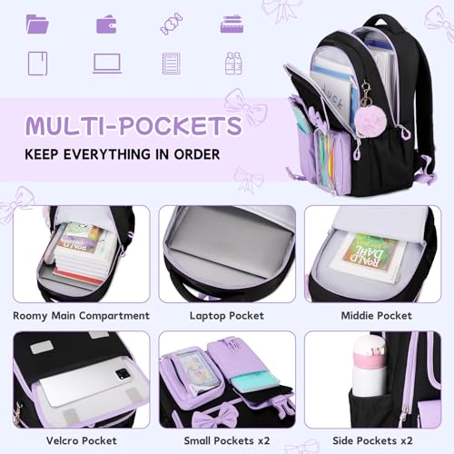 Girls Backpack, School Backpack for Girls, Cute Bow Kids Bookbag for Grils Children Teens for Elementary Middle High School Student, Back To School, Black Purple 3pcs - color: Black Purple-3pcs