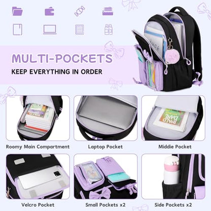 Girls Backpack, School Backpack for Girls, Cute Bow Kids Bookbag for Grils Children Teens for Elementary Middle High School Student, Back To School, Black Purple 3pcs - color: Black Purple-3pcs