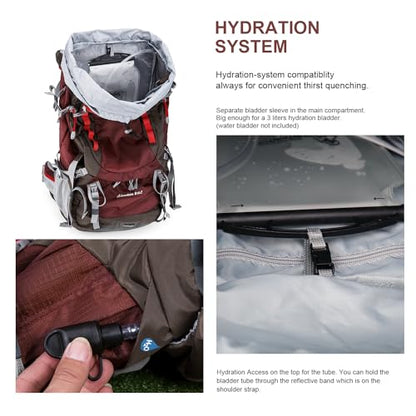 MOUNTAINTOP 80L Internal Frame Backpack for Man & Women Backpacking Hiking Backpack with Rain Cover - color: Maroon-80l