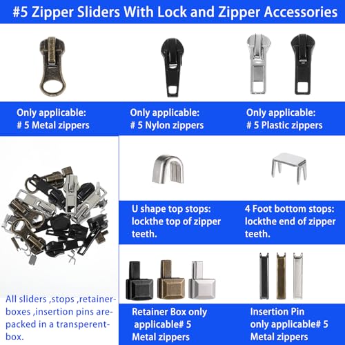 41 Pcs Zipper Repair Kit Black Separating Jacket Zippers Universal Replacement Slider Kit Metal Zippers Retainer Box Top Stop Bottom Replacement Zipper Fix Repair Tool for Jacket Coat Boot Backpack