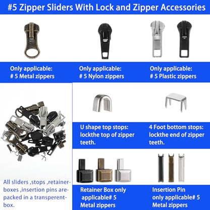 41 Pcs Zipper Repair Kit Black Separating Jacket Zippers Universal Replacement Slider Kit Metal Zippers Retainer Box Top Stop Bottom Replacement Zipper Fix Repair Tool for Jacket Coat Boot Backpack