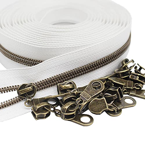 MebuZip #5 Antique Brass Metallic Nylon Coil Zippers by The Yard Bulk Coil Zipper Roll 10 Yards with 25pcs Pulls for DIY Sewing Craft Bags (White) - color: Antique Brass White