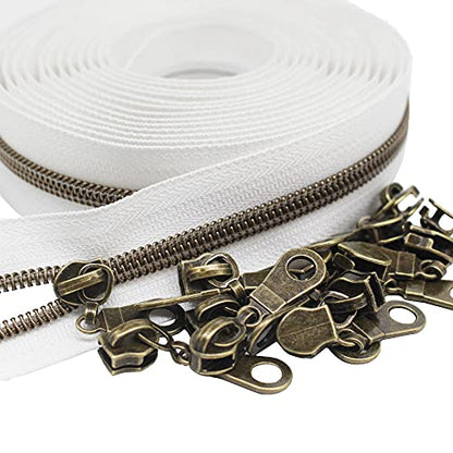 MebuZip #5 Antique Brass Metallic Nylon Coil Zippers by The Yard Bulk Coil Zipper Roll 10 Yards with 25pcs Pulls for DIY Sewing Craft Bags (White) - color: Antique Brass White
