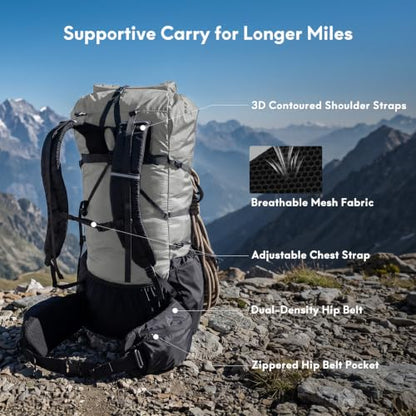Haimont 40L+15L Roll-Top Backpacking Pack with Rain Cover, Grey | Expandable 55L, Hip Belt Support, Sleeping Pad Carry, Pole Attachments, YKK & Duraflex - color: Grey