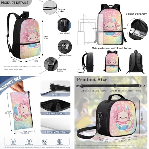 Axolotl Backpack for Girls Boys Soft School Backpacks Bookbag with Lunch Bag Handbag Shoulder Bag and Pencil Case Travel Daypack 3 PCS Set - color: Axolotl Cute