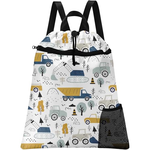 Construction Tractor Drawstring Backpack, 15” x 17” Waterproof Swim Bag for Beach Swimming Pool, Lightweight Foldable Gym Bag with Water Bottle Holder for Sports Travel - color: Tractor Excavator