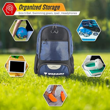 Vizari Soccer Backpack Soccer Bag | Water resistant Durable Equipment Bag for Football, Basketball, Volleyball | Cleats and Ball Compartment - Red,Blue,Pink,Black - color: Black/Navy