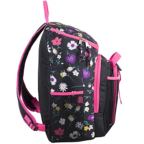 FUEL Top Loader Backpack with Lunch Box Combo – 18” Two Compartment Water Resistant Durable Adjustable Straps with Side Water Bottle Pockets 2 in 1 Set – Black & Pink Flowers - color: Ditsy Floral Bird Print/Black/Pink Sizzle