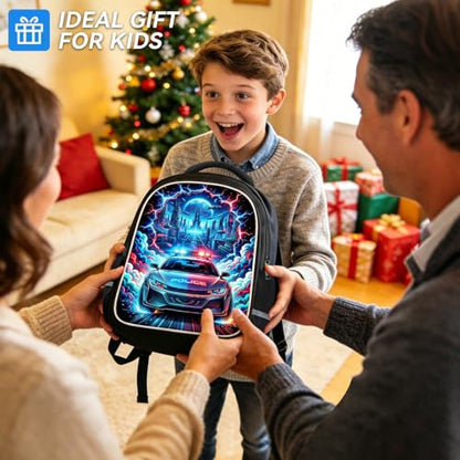 Police Car Kids Backpack, Future Starry Sky Spaceship with Lightning School Bag with Reflective Safety Design, Durable Bookbag for Boys Elementary School Daily Carry, 17 Inch - color: Police Car