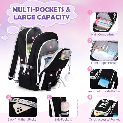 ACESAK Backpacks for Girls, Girls Backpack with Lunch Box and Pencil Case for Teen Kids Elementary Middle High School College Student, Children School Backpack Bookbag with USB Charging Port (Black) - color: Solid Black (With Chain)