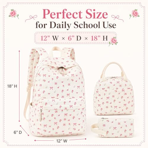 Bluboon School Backpack Set Girls Womens Laptop Bookbag Casual Daypack Fits 15 inch Laptop with Lunch Tote Bag and Pencil Bag - color: Pink Bow Flower 212-beige