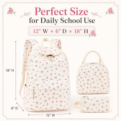 Bluboon School Backpack Set Girls Womens Laptop Bookbag Casual Daypack Fits 15 inch Laptop with Lunch Tote Bag and Pencil Bag - color: Pink Bow Flower 212-beige
