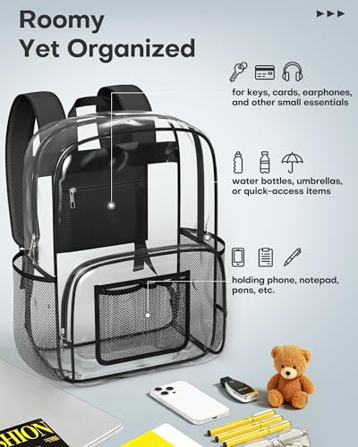 HOTOR Clear Backpack - Multi-Pocket Bookbag, Cold-Resistant PVC Waterproof Work Bag & College Backpack with Padded Shoulder Straps for Travel, Festival, 16.0" x 12.0" x 7.0", Black - size: Medium